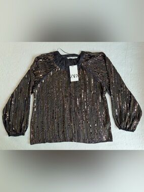 NWT Zara Voluminous Black Bronze Sequin Beaded Blouse Women’s M ITEM2674
